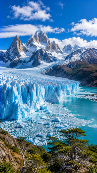 青く輝く巨大氷河と雪山が広がるロス・グラシアレス国立公園のパタゴニア自然風景。