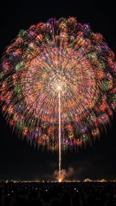 夜空いっぱいに無数の光の花が広がる四尺玉千輪