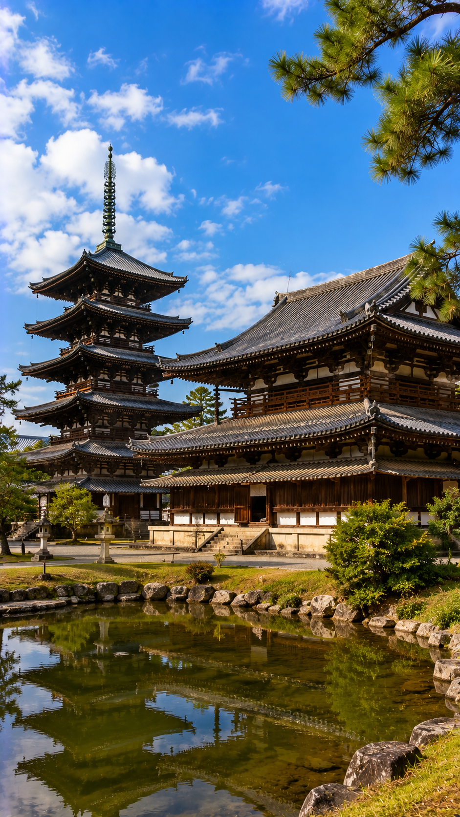 五重塔と金堂が並ぶ法隆寺地域の仏教建造物と奈良の歴史的な寺院風景。