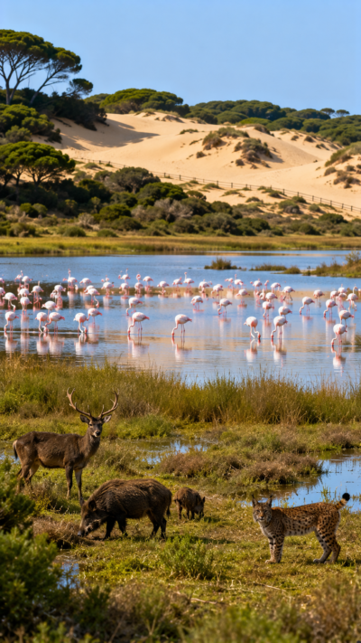 湿地と砂丘、フラミンゴや野生動物が暮らすドニャーナ国立公園のスペイン自然風景。