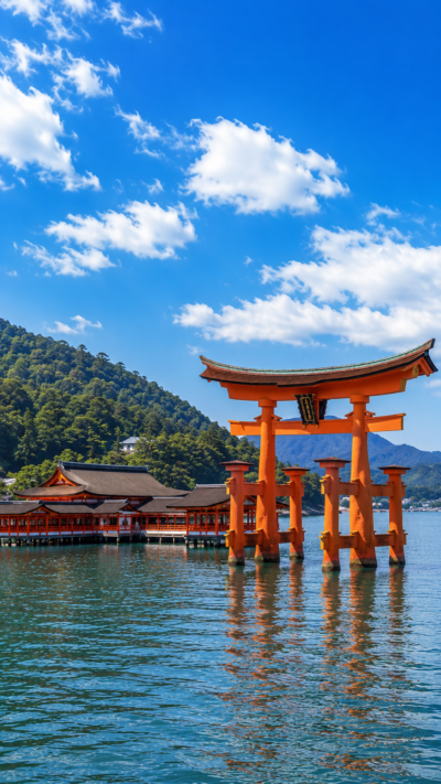 満潮の瀬戸内海に浮かぶ朱色の大鳥居と厳島神社の社殿を青空の下から望む風景