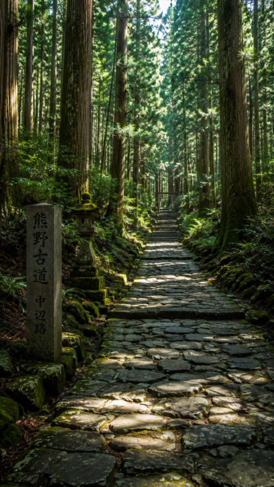 深い杉林に囲まれた熊野古道の石畳と歴史ある参詣道が続く紀伊山地の霊場と参詣道