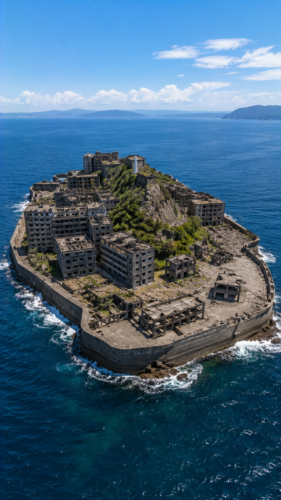 海に浮かぶ軍艦島と近代的な製鉄所や造船施設を象徴する明治日本の産業革命遺産