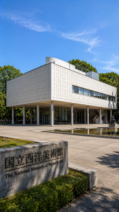 白い外観とピロティが特徴的な国立西洋美術館と近代建築を代表するル・コルビュジエ作品