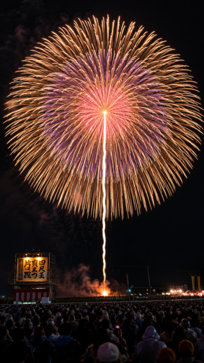 夜空いっぱいに巨大な大輪を咲かせる片貝まつりの四尺玉
