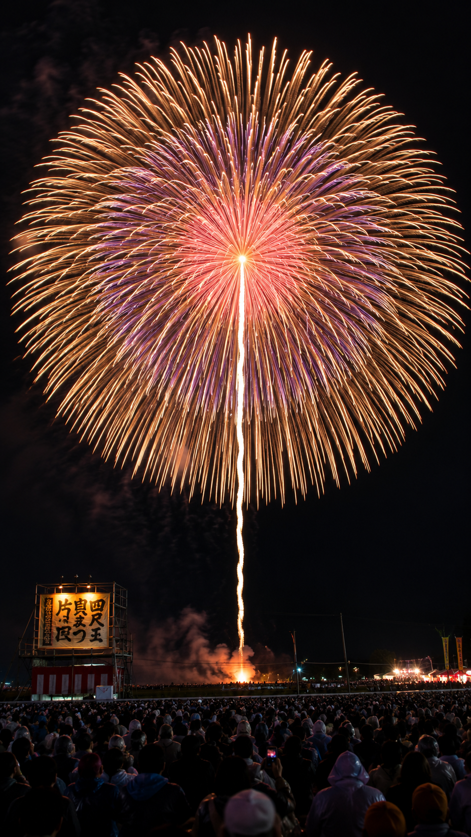 夜空いっぱいに巨大な大輪を咲かせる片貝まつりの四尺玉