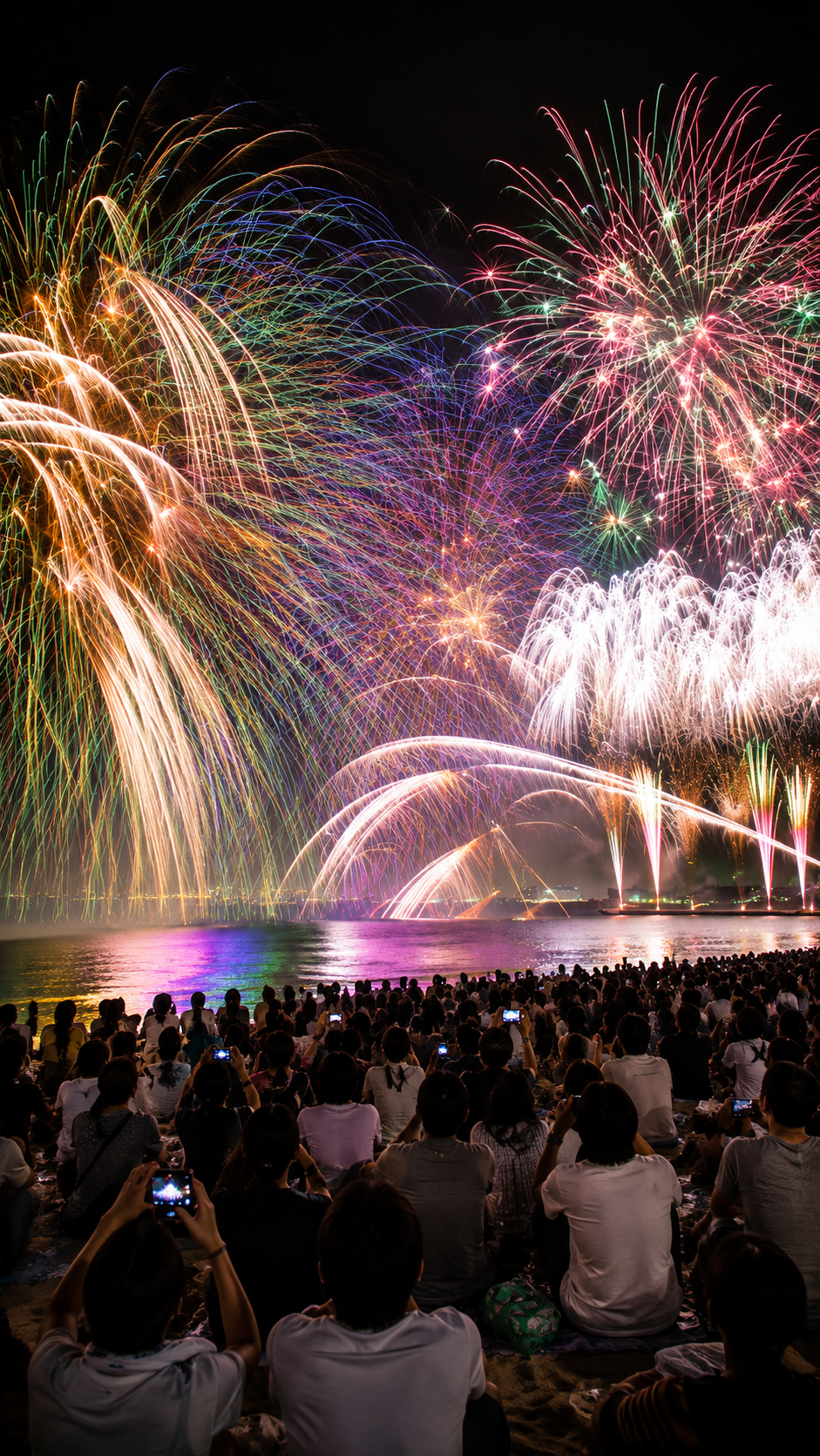東京湾の夜空と海面を彩る幕張ビーチ花火フェスタの大規模な花火