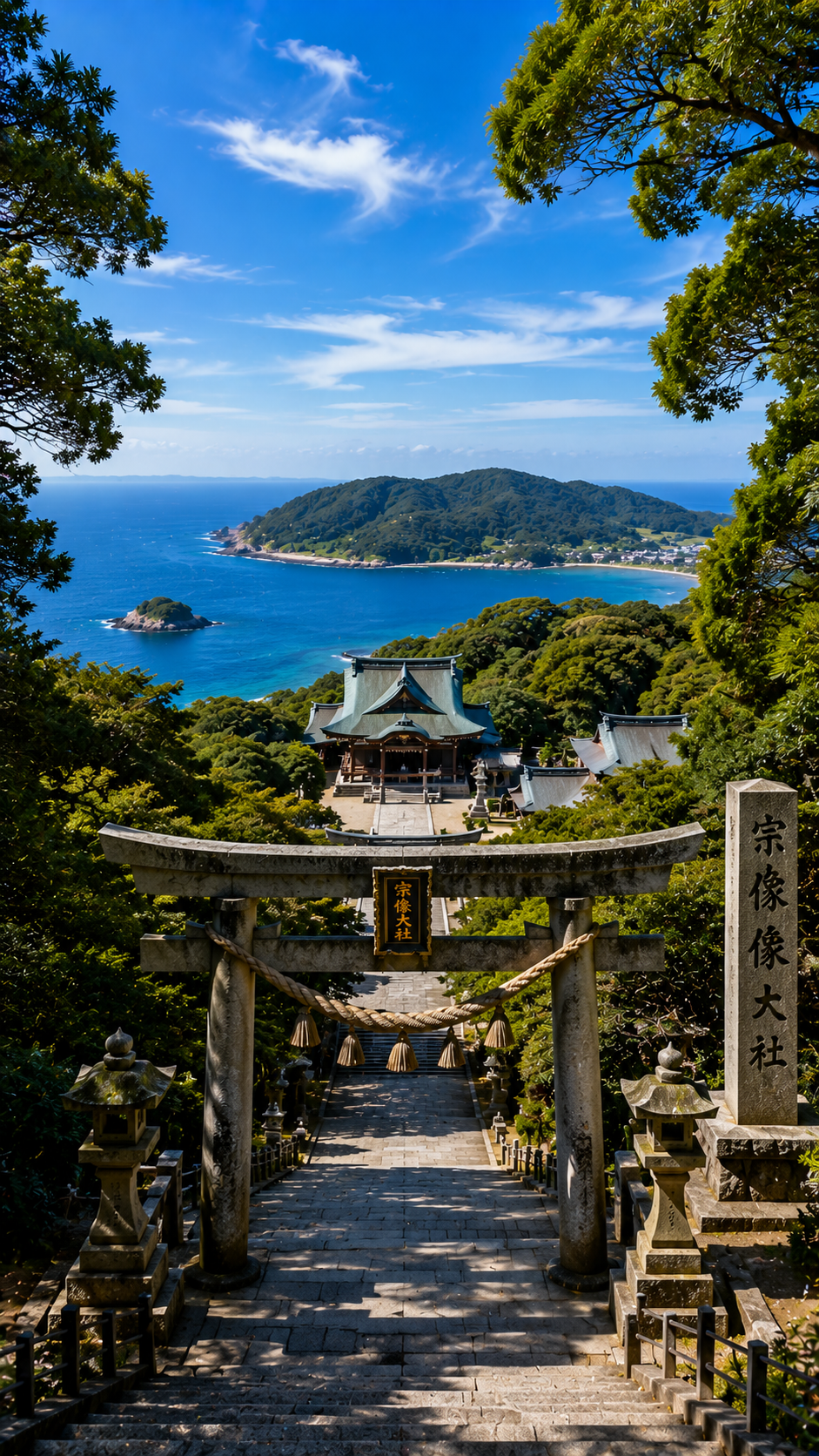 玄界灘に浮かぶ沖ノ島と宗像大社、海の信仰が息づく福岡の歴史的文化景観。