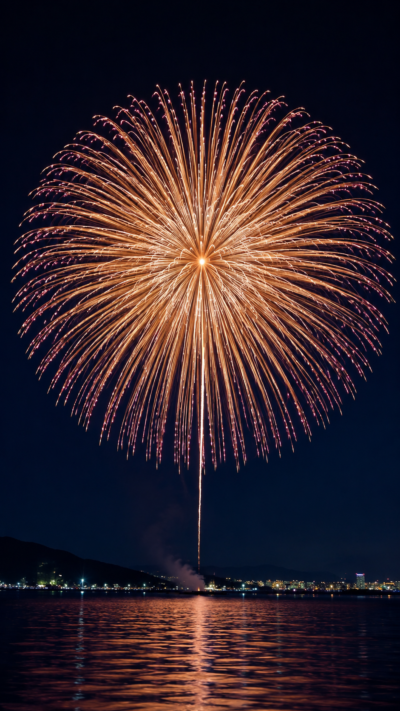夜空に真円状に咲く伝統的な菊花火