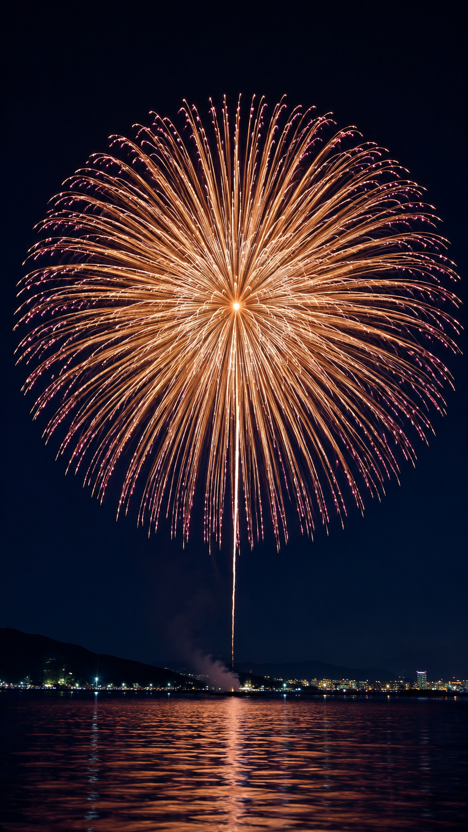 夜空に真円状に咲く伝統的な菊花火