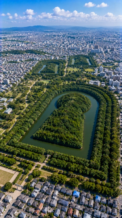 巨大な前方後円墳と緑豊かな古墳群が広がる百舌鳥・古市古墳群の大阪歴史景観。