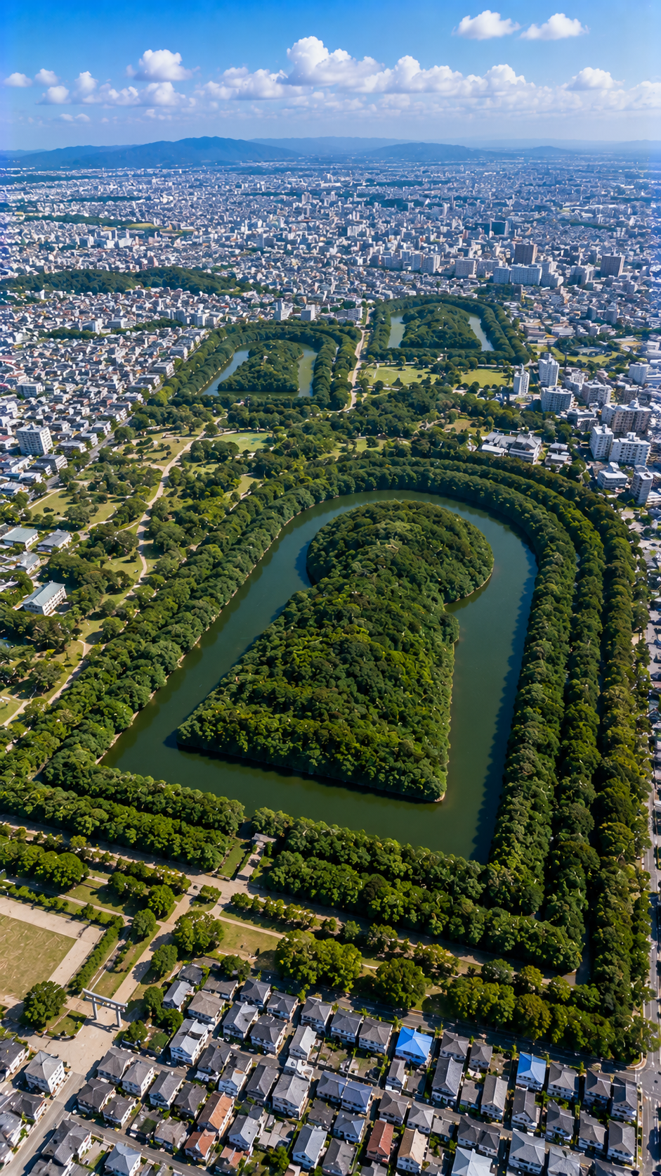 巨大な前方後円墳と緑豊かな古墳群が広がる百舌鳥・古市古墳群の大阪歴史景観。