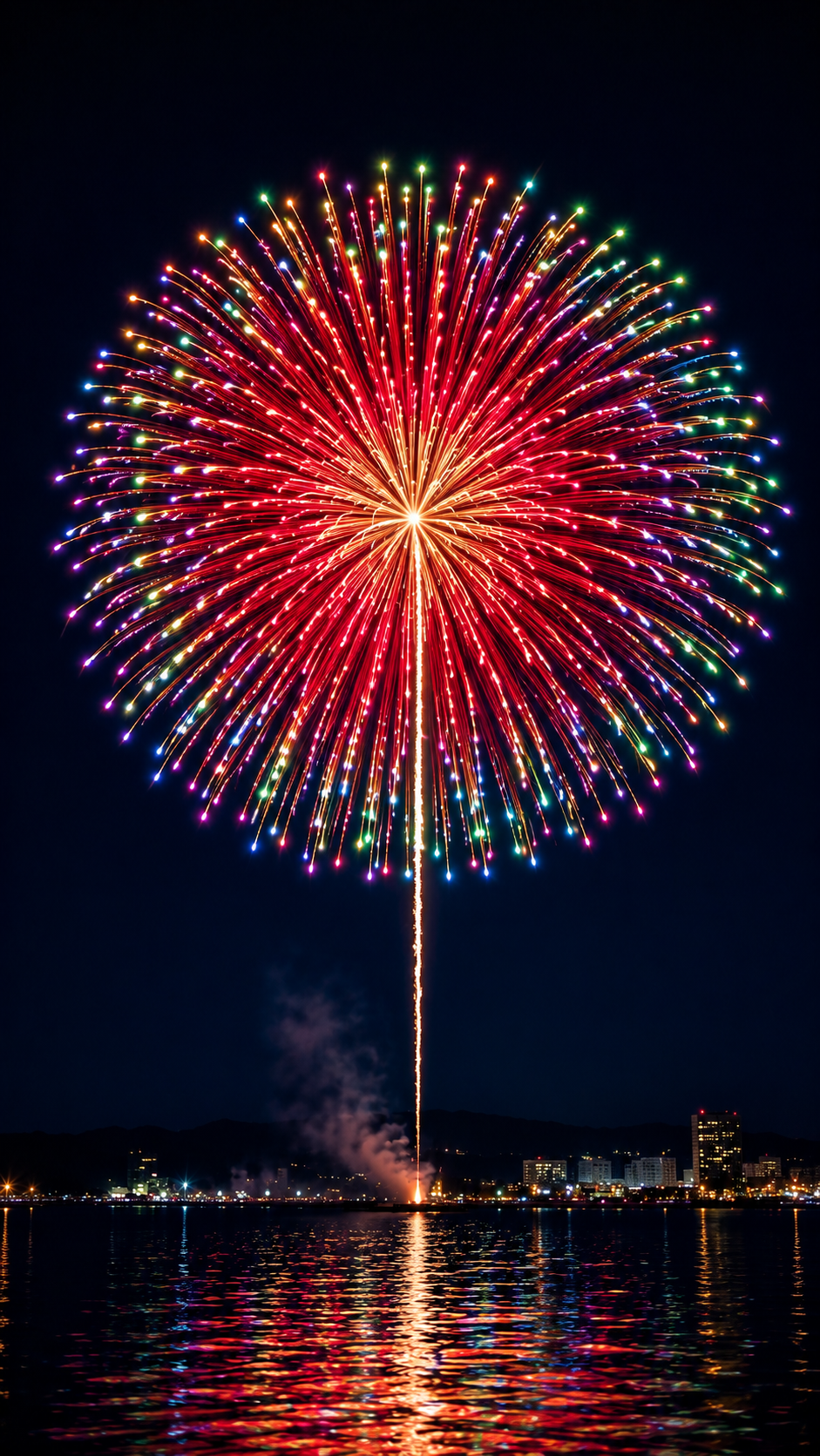 夜空に丸く鮮やかに開花する牡丹花火