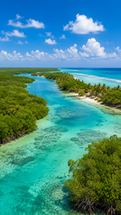 カリブ海とマングローブが広がるシアン・カアンの自然風景。