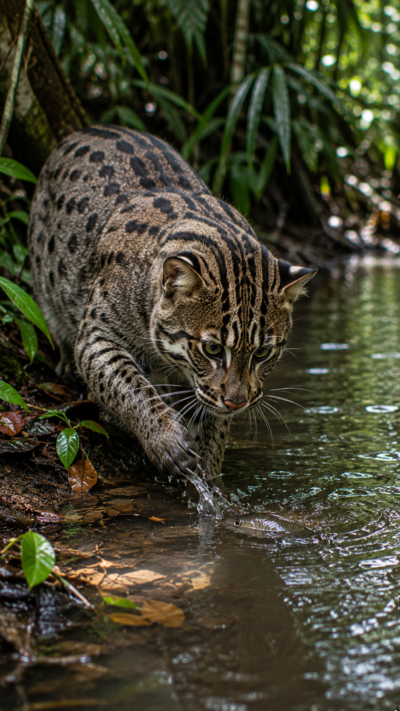 熱帯雨林の川辺で魚を狙うスナドリネコ