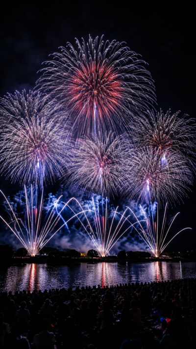 大輪の花火が夜空を彩る土浦全国花火競技大会の夜景