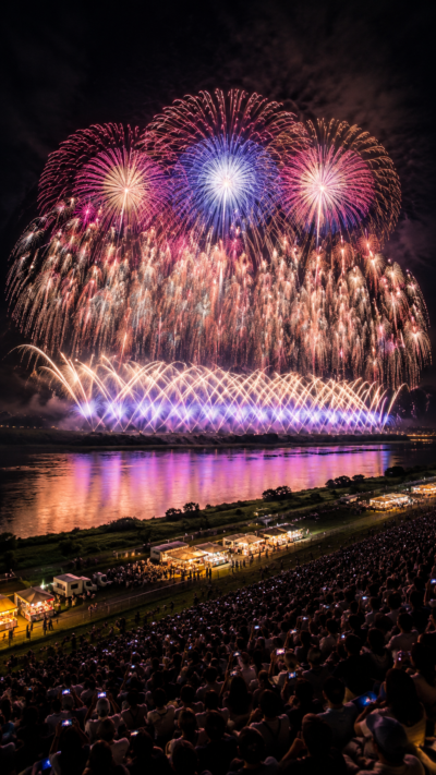 芸術花火とワイドスターマインが広がる、赤川花火大会の夜景