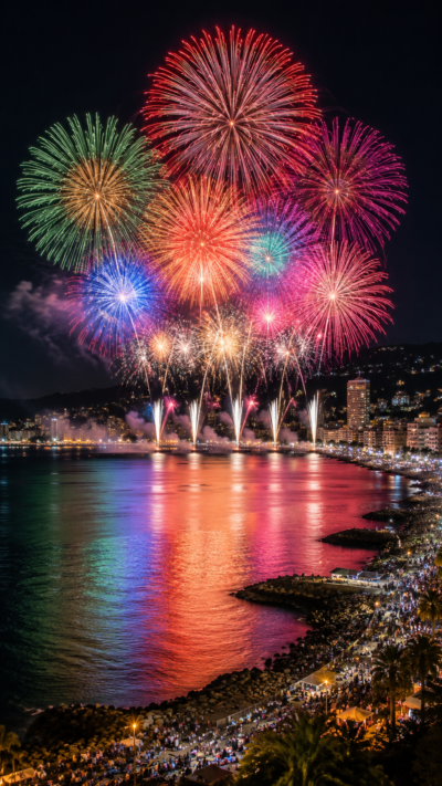 海上花火と大空中ナイアガラが広がる、熱海海上花火大会の夜景