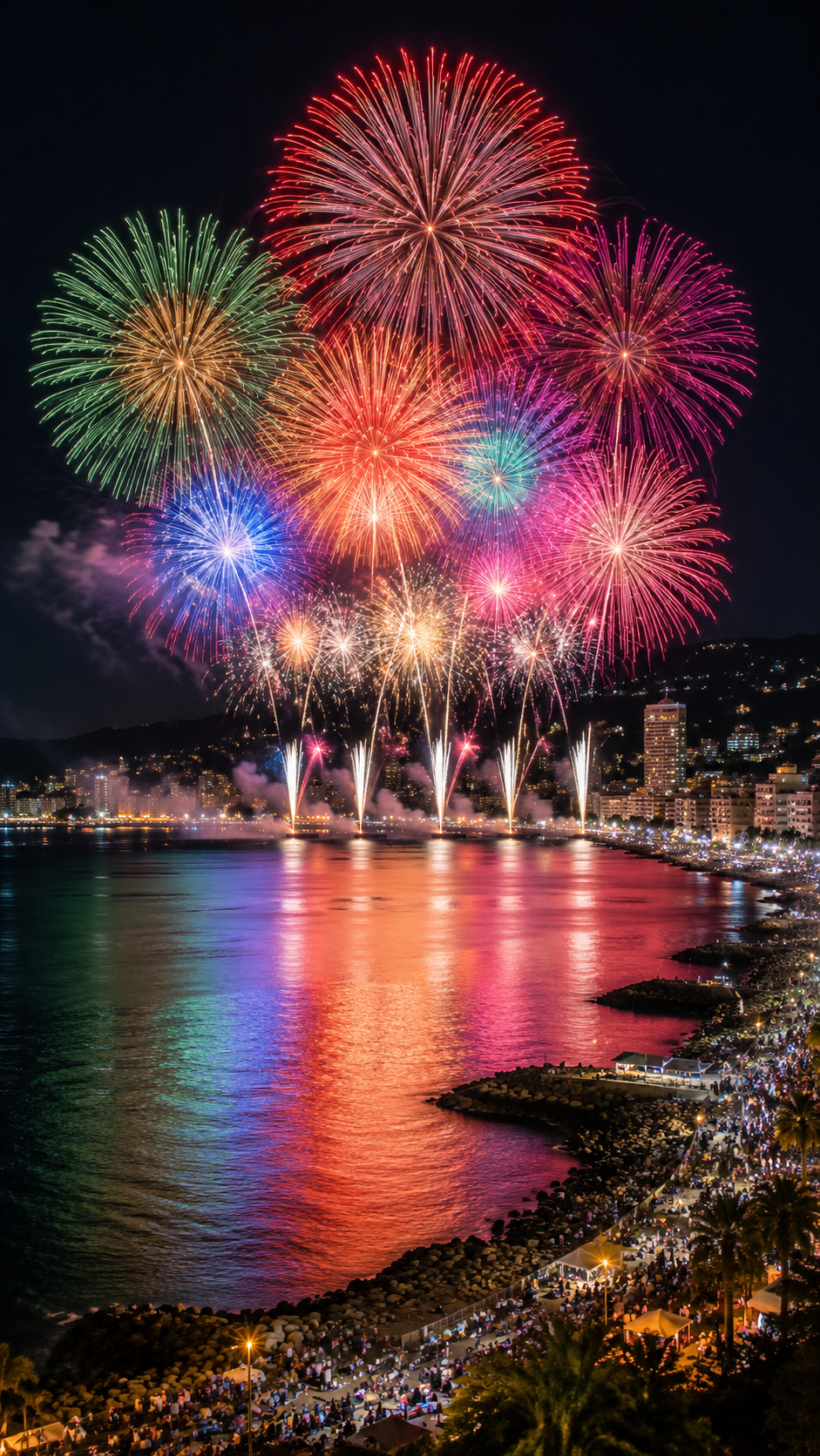 海上花火と大空中ナイアガラが広がる、熱海海上花火大会の夜景