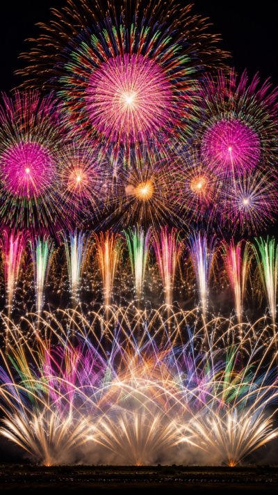 超ワイドスターマインと大輪の花火が広がる、神明の花火大会の夜景