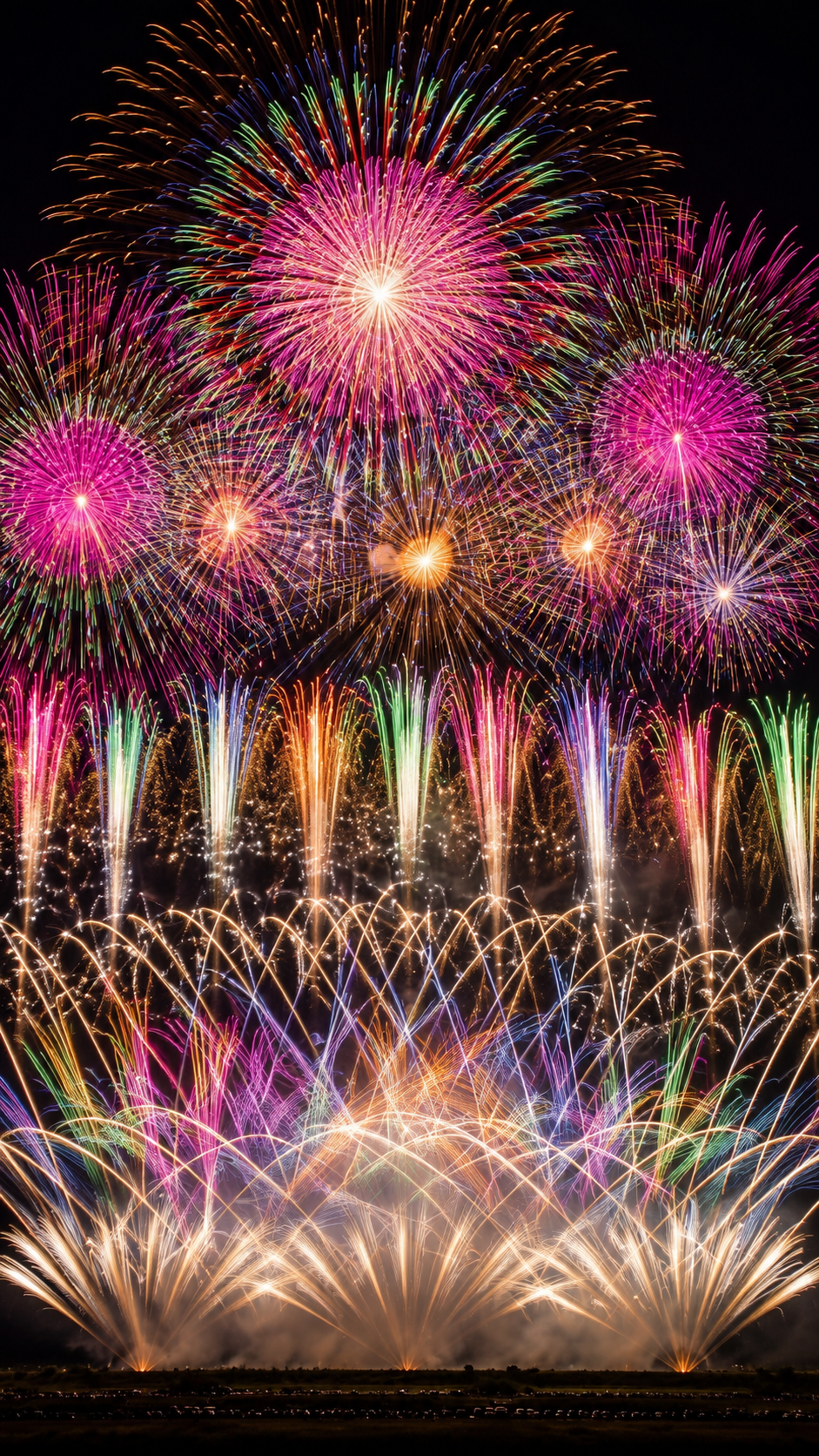 超ワイドスターマインと大輪の花火が広がる、神明の花火大会の夜景