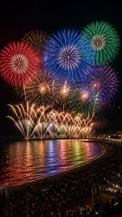 海中空スターマインと大輪の花火が広がる ぎおん柏崎まつり海の大花火大会の夜景