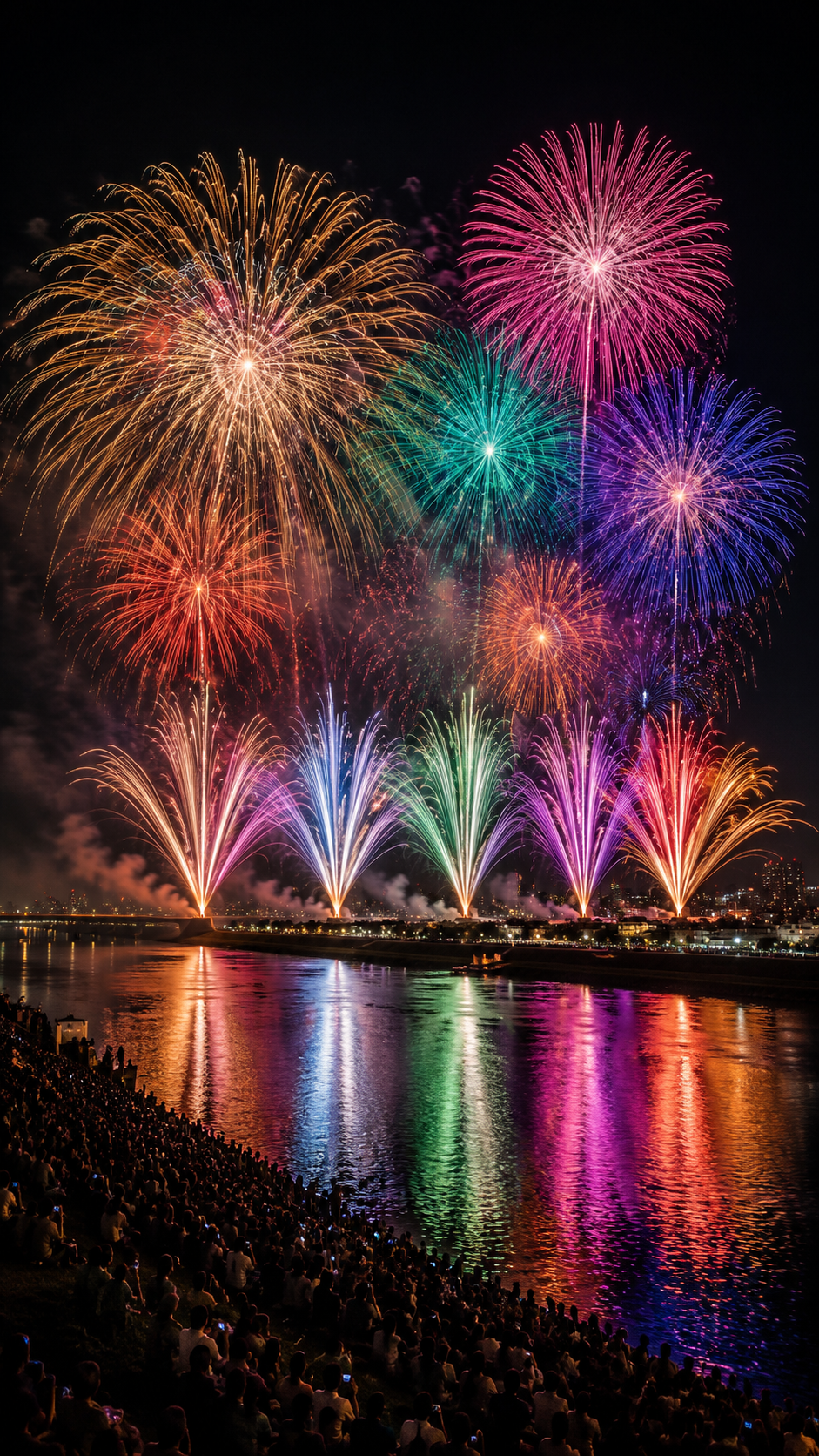 大玉花火とワイドスターマインが広がる 足利花火大会の夜景
