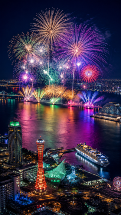 神戸港と海上花火が広がる みなとこうべ海上花火大会の夜景