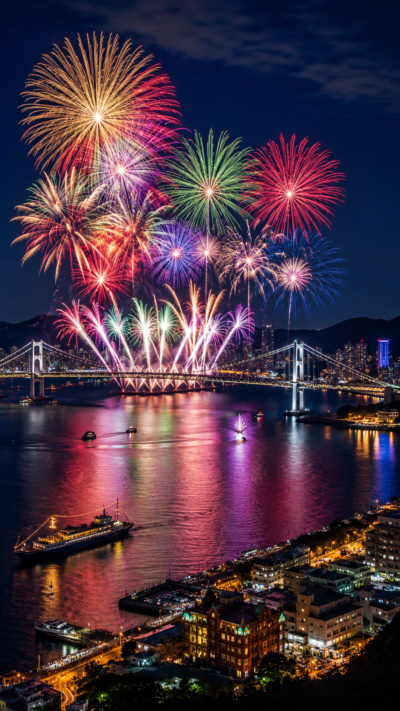 関門橋と海上花火が広がる 関門海峡花火大会の夜景