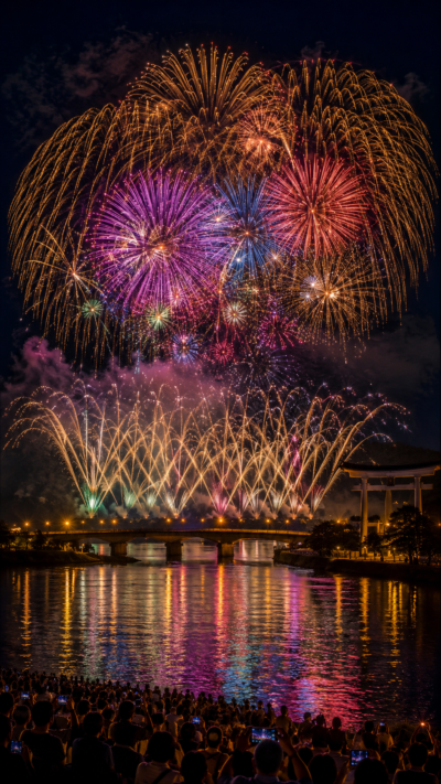 競技花火とスターマインが夜空を彩る 伊勢神宮奉納全国花火大会の夜景