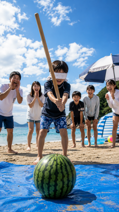 目隠しをしてスイカ割りを楽しむ夏の風景