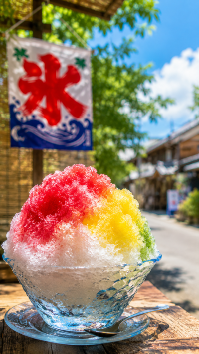 色鮮やかなシロップがかかったかき氷を楽しむ夏の風景