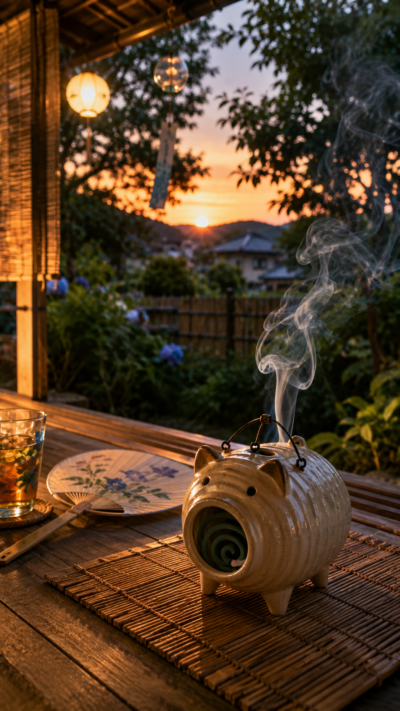 縁側で蚊取り線香の煙がゆっくり立ち上る夏の風景