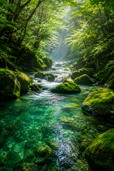熊本県の菊池渓谷を流れる透明な清流と苔むした岩、深い原生林の風景