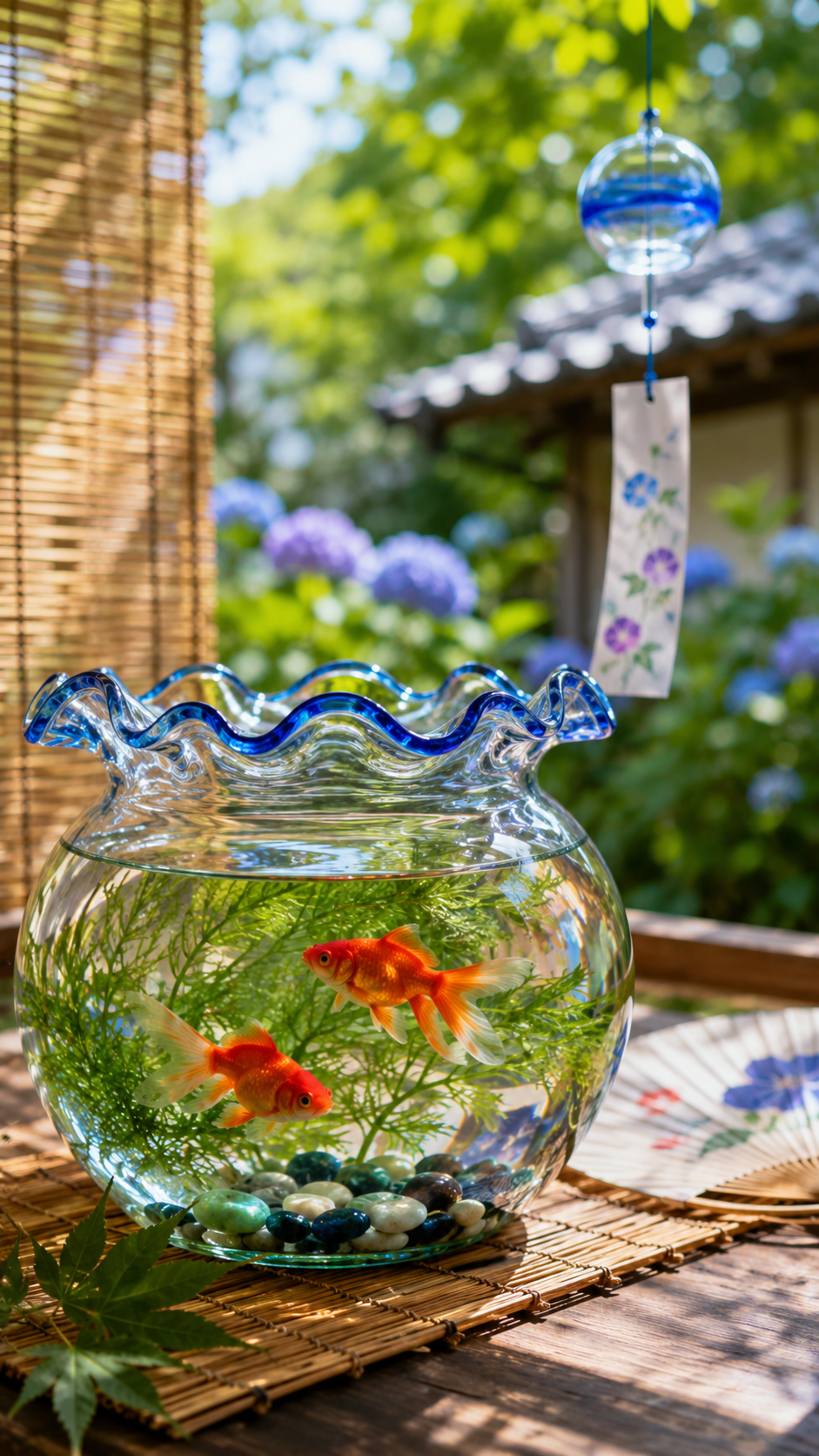 丸い金魚鉢で赤い金魚が優雅に泳ぐ夏の風景