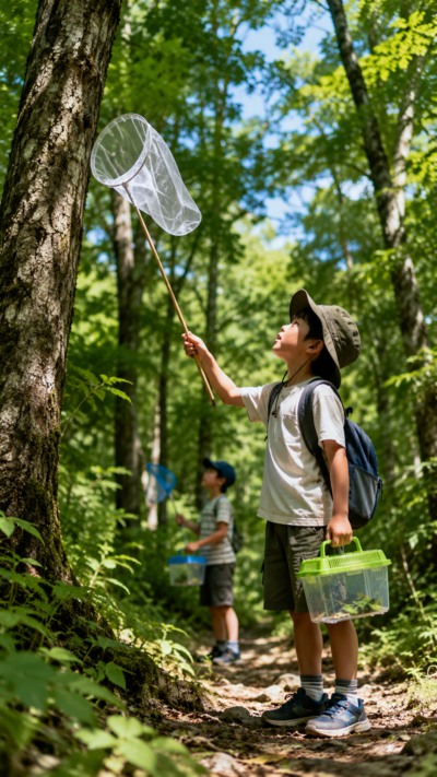 虫取り網を持った子どもが森で昆虫採集を楽しむ夏の風景