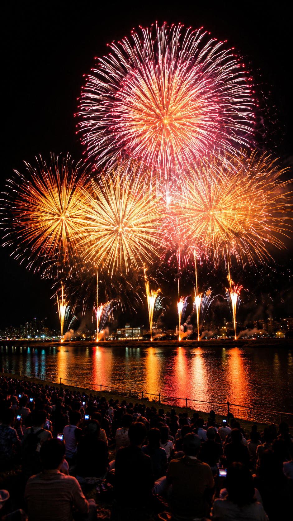 千葉県松戸花火大会で江戸川の夜空いっぱいに広がる色鮮やかなワイドスターマイン
