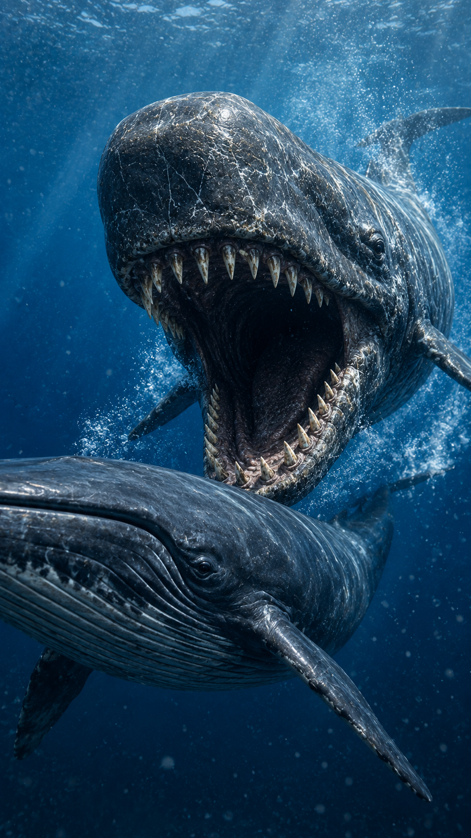 巨大な歯をむき出しにしたレヴィアタンが、中新世の青い海で大型のクジラへ猛スピードで迫る迫力満点のシーン。