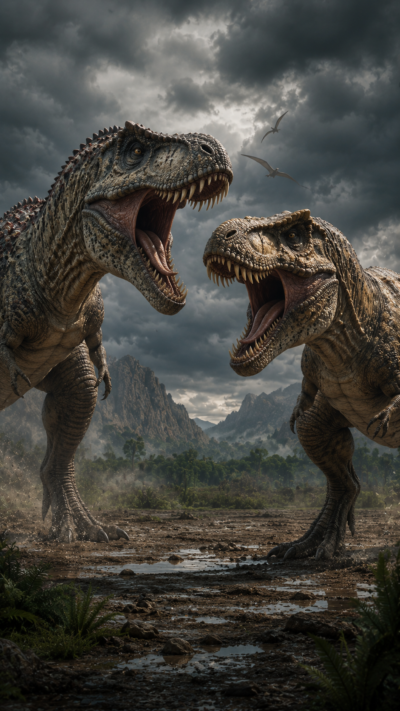 巨大なギガノトサウルスとティラノサウルスが白亜紀の平原で口を大きく開け、互いに激しく威嚇しながら対峙する迫力満点の決戦シーン。
