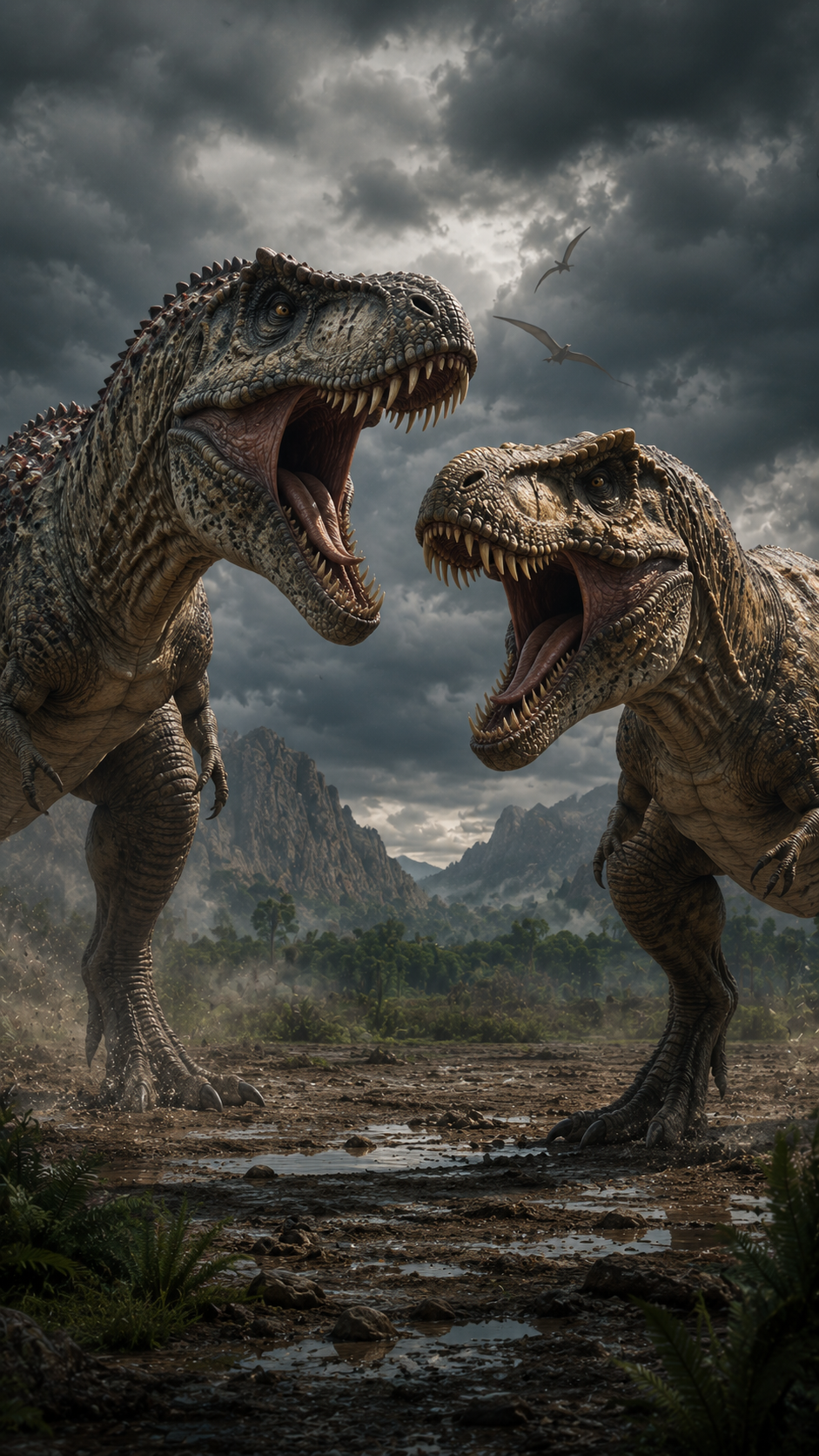 巨大なギガノトサウルスとティラノサウルスが白亜紀の平原で口を大きく開け、互いに激しく威嚇しながら対峙する迫力満点の決戦シーン。