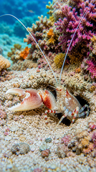 巨大なハサミを持つテッポウエビが、色鮮やかなサンゴ礁の海底で砂地の巣穴から姿を見せる様子。