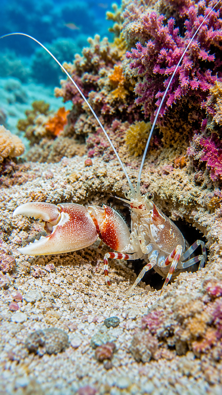 巨大なハサミを持つテッポウエビが、色鮮やかなサンゴ礁の海底で砂地の巣穴から姿を見せる様子。