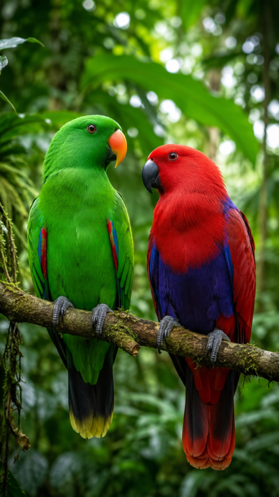 鮮やかな緑色のオスと赤いメスのオオハナインコが熱帯雨林の枝にとまる様子