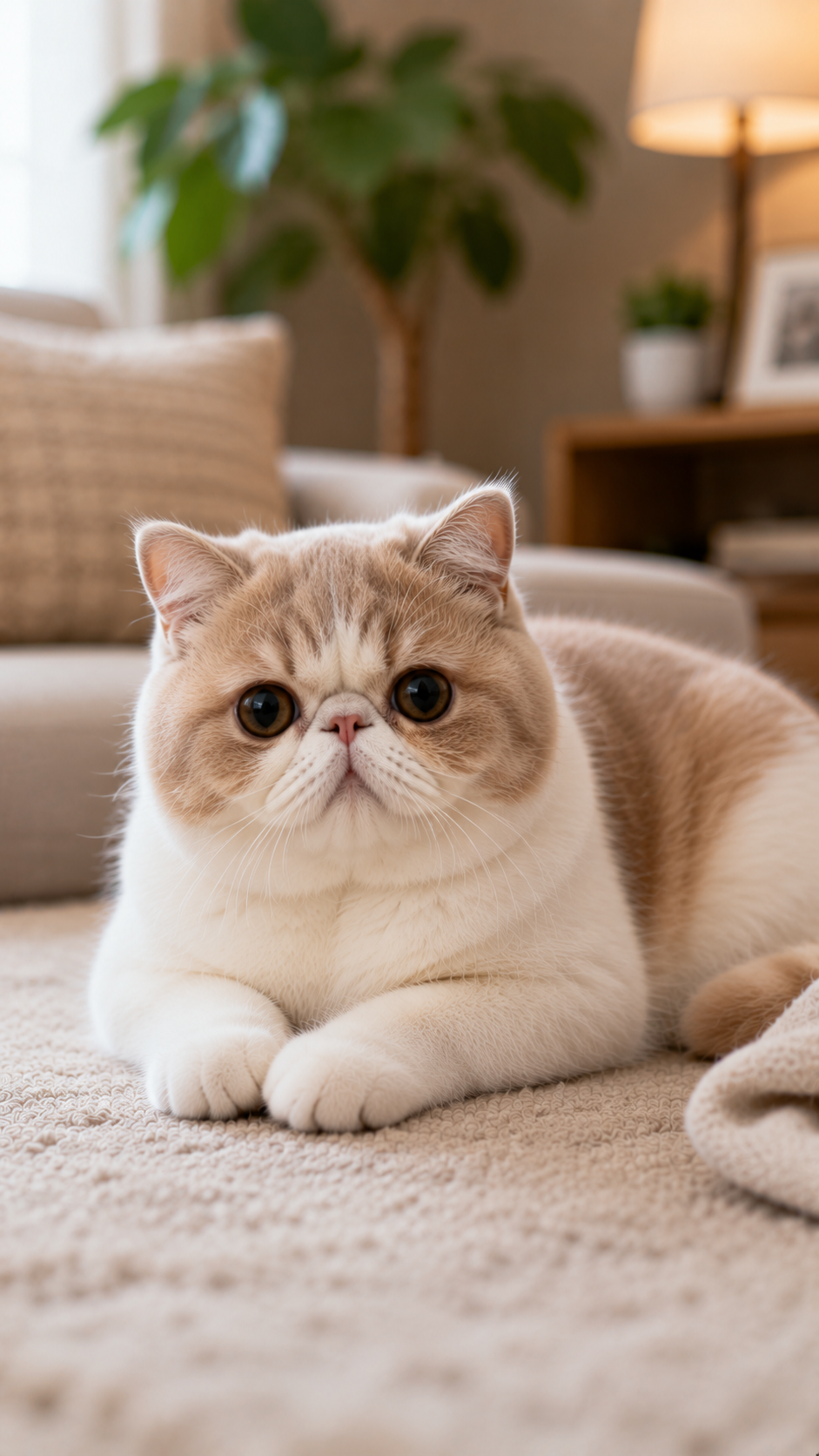 ぺちゃんこの鼻と丸い顔を持つエキゾチックショートヘアが室内でくつろぐ様子