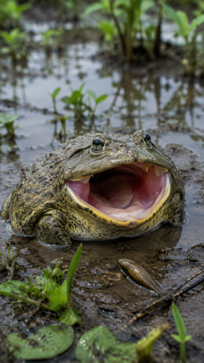南米の湿地で大きな口を開けて獲物を待ち伏せするチャコガエル。