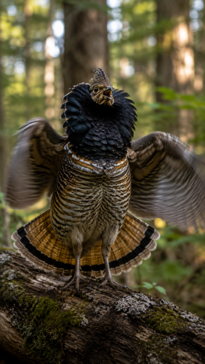 首元の黒いエリ状の羽を大きく広げ、倒木の上で翼を打ち鳴らしながら求愛するオスのエリマキライチョウ。
