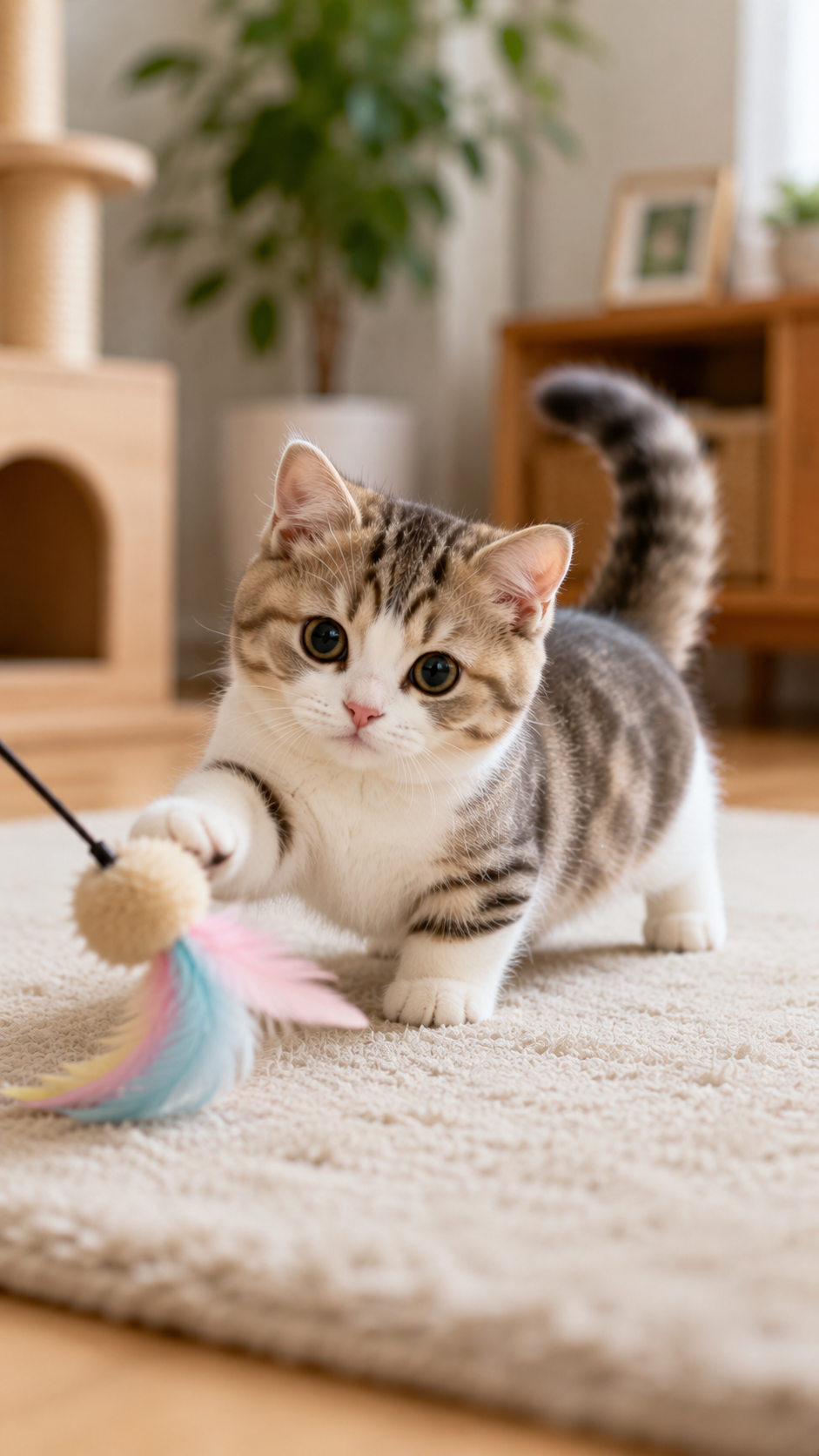 短い足が特徴のマンチカンが室内で元気に遊ぶ様子