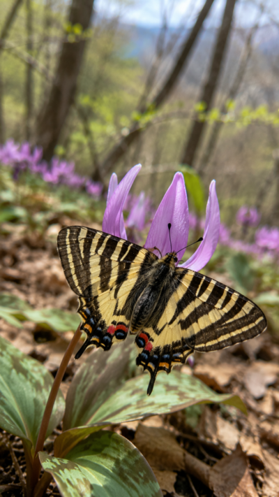 黄色と黒の翅を持つギフチョウが日本の春の森の花の上に止まる様子。