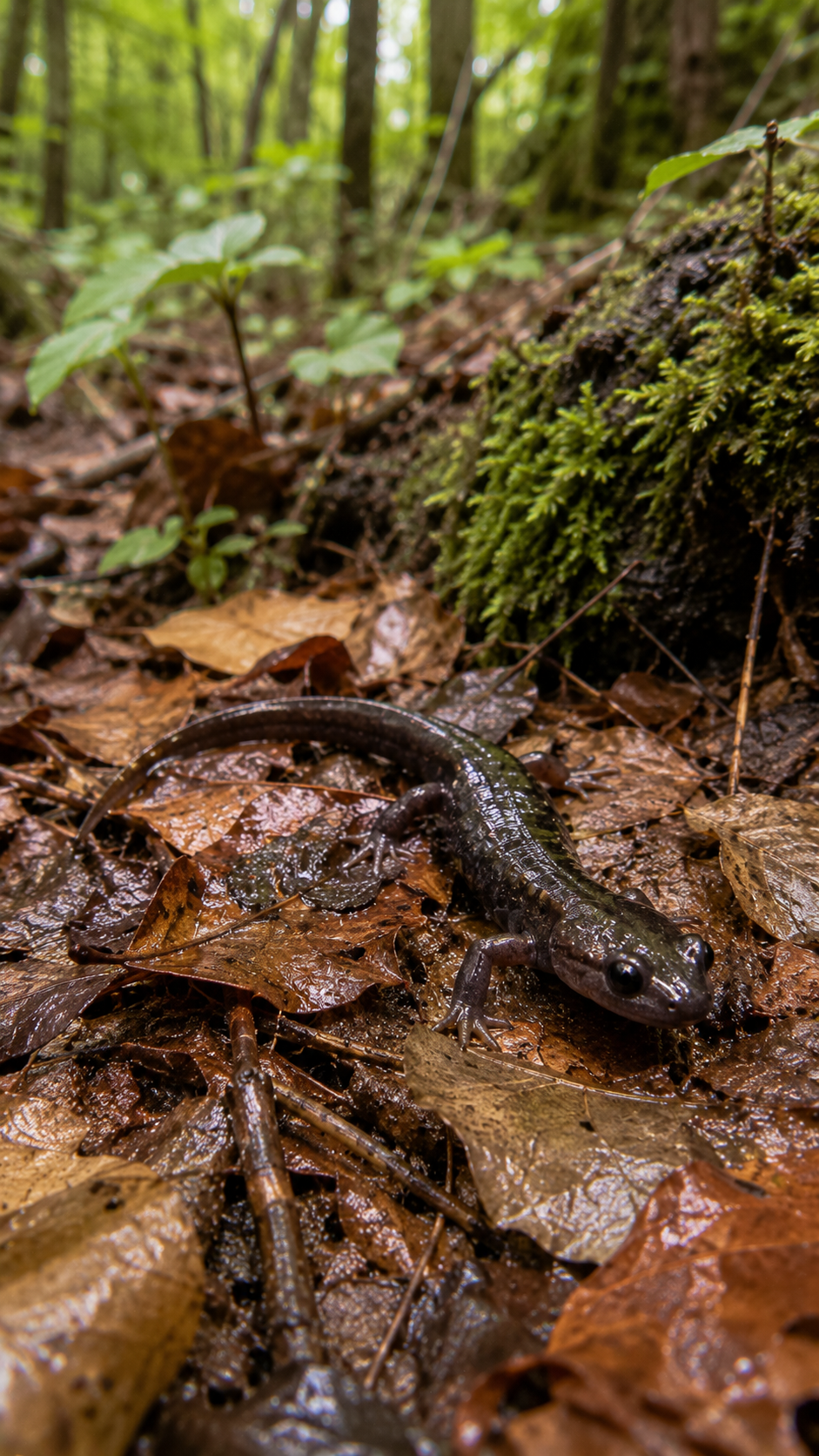 黒褐色の体と長い尾を持つトウキョウサンショウウオが関東の湿った森林の落ち葉の上にいる様子。