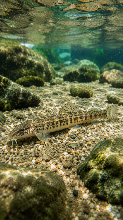 細長い体を持つヒナイシドジョウが沖縄の清流の砂底を泳ぐ様子。